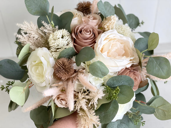 Rustic ivory, nude and taupe wedding flowers.