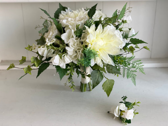 Ivory and green wedding bouquet and matching buttonhole