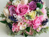 Pink and navy blue wedding bouquet and matching buttonhole