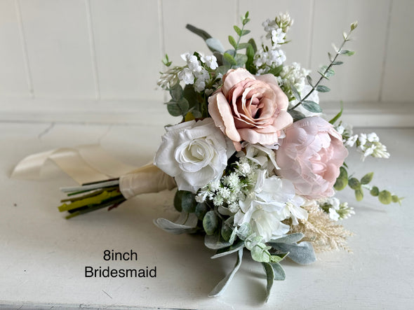 Luxury boho blush pink artificial wedding flowers. Roses, peonies and pampas.