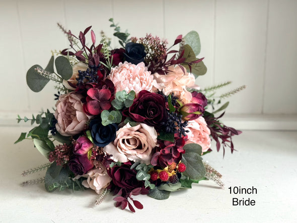 Blush pink, burgundy and navy blue wedding flowers