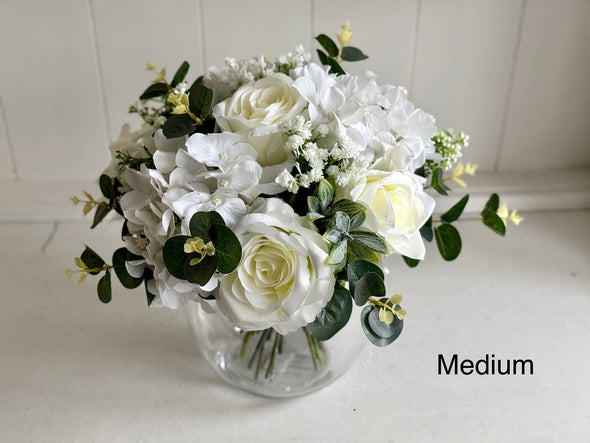 White and green hand tied silk flower arrangement. Table centrepiece. *Vase not included