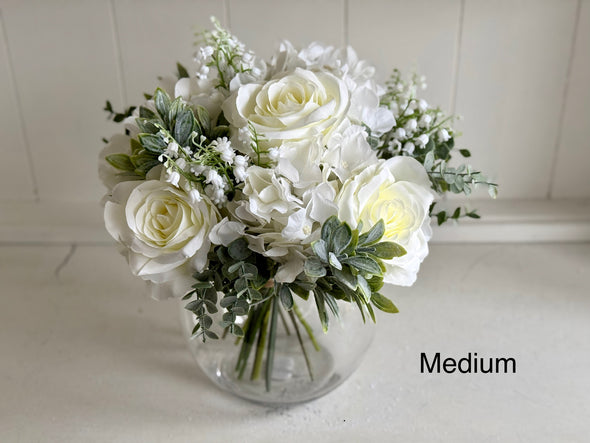 Elegant white and sage green hand tied silk flower arrangement. Table centrepiece. *Vase not included