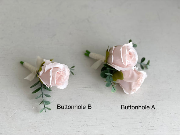 Romantic blush pink wedding flowers with eucalyptus greenery.