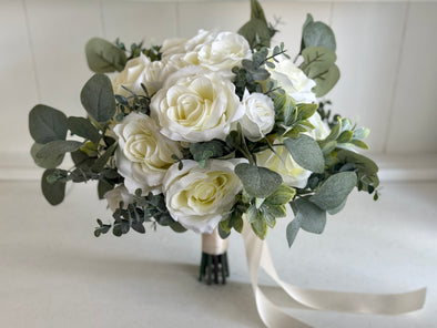 Romantic ivory roses, eucalyptus and sage artificial wedding flowers.