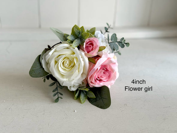 Romantic pink and ivory roses, eucalyptus and sage artificial wedding flowers.