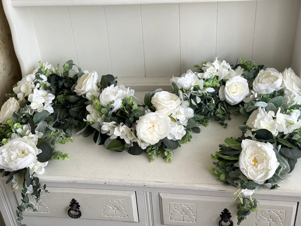 White and sage green artificial garland