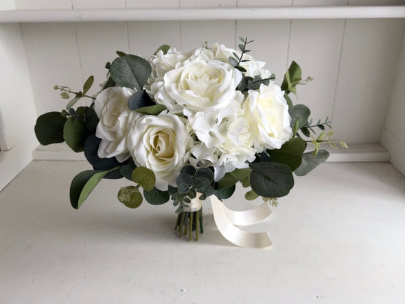 Ivory roses, white hydrangea and eucalyptus wedding flowers *Updated design*