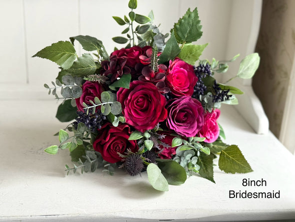 Raspberry, burgundy and navy blue wedding flowers