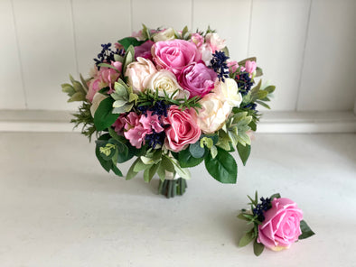 Pink and navy blue wedding bouquet and matching buttonhole