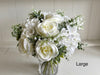 Elegant white and sage green hand tied silk flower arrangement. Table centrepiece. *Vase not included