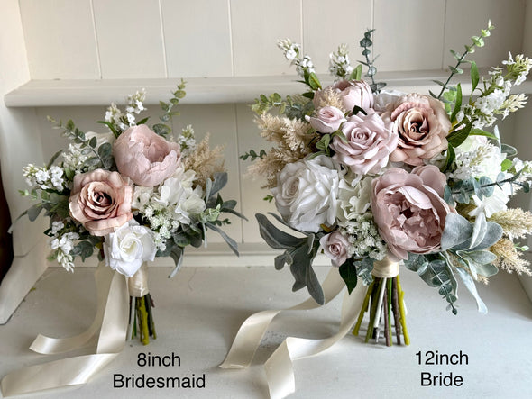 Luxury boho blush pink artificial wedding flowers. Roses, peonies and pampas.