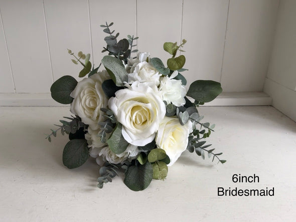 Ivory roses, white hydrangea and eucalyptus wedding flowers *Updated design*
