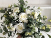 Rustic white and green silk wedding flowers bride bouquet. White roses, gypsophila and eucalyptus.