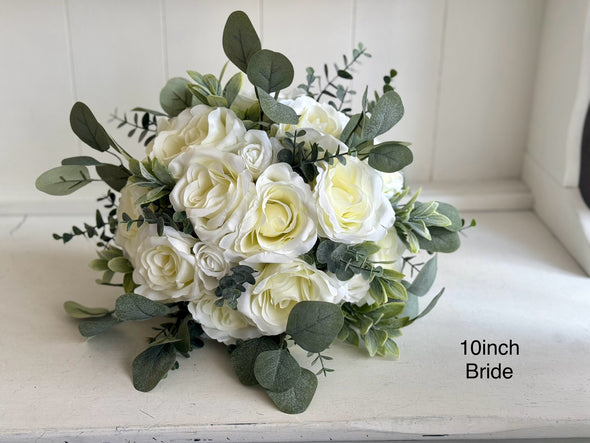 Romantic ivory roses, eucalyptus and sage artificial wedding flowers.