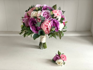 Pink, lilac and ivory wedding bouquet and matching buttonhole