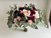 Champagne, nude blush, burgundy and navy blue wedding flowers