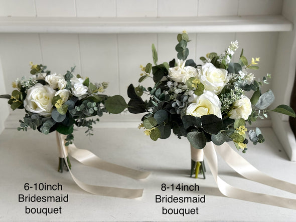 Rustic white and green silk wedding flowers bridesmaid bouquet different size options. White roses, gypsophila and eucalyptus.