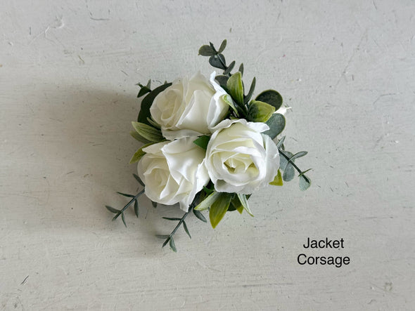 Romantic ivory roses, eucalyptus and sage artificial wedding flowers.