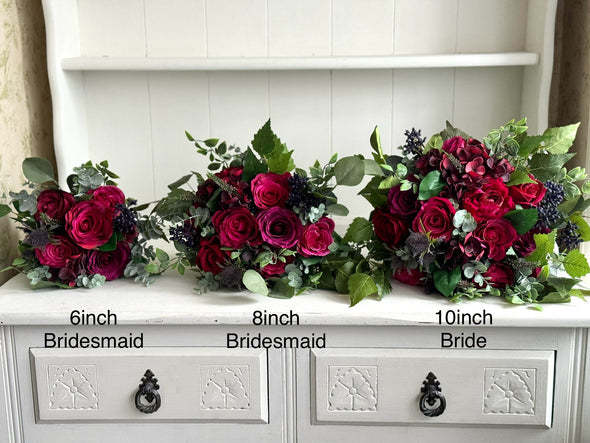 Raspberry, burgundy and navy blue wedding flowers