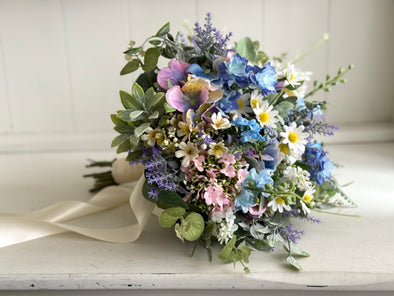 Country garden pastel artificial wedding flowers. Wild flower bouquet