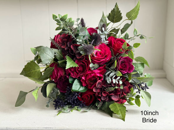 Raspberry, burgundy and navy blue wedding flowers