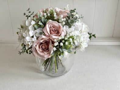 Blush pink and white hand tied silk flower arrangement. Table centrepiece. *Vase not included