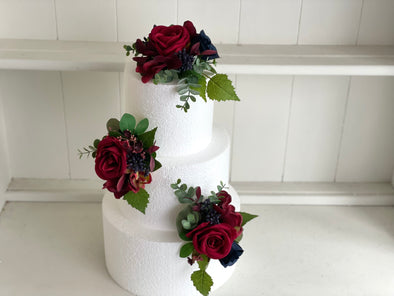Dark red, burgundy and navy blue artificial wedding flower cake decoration
