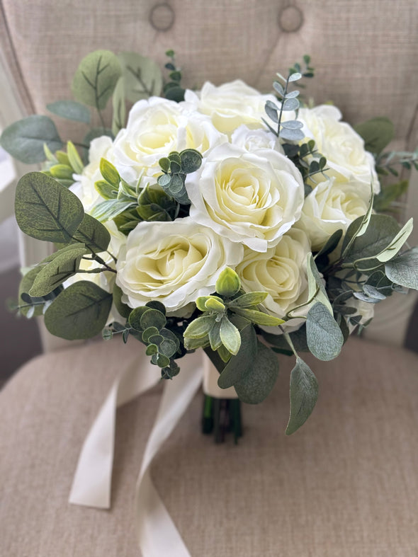 Romantic ivory roses, eucalyptus and sage artificial wedding flowers.