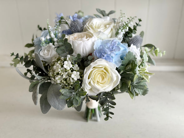 Elegant pale blue and dusky blue artificial wedding flowers