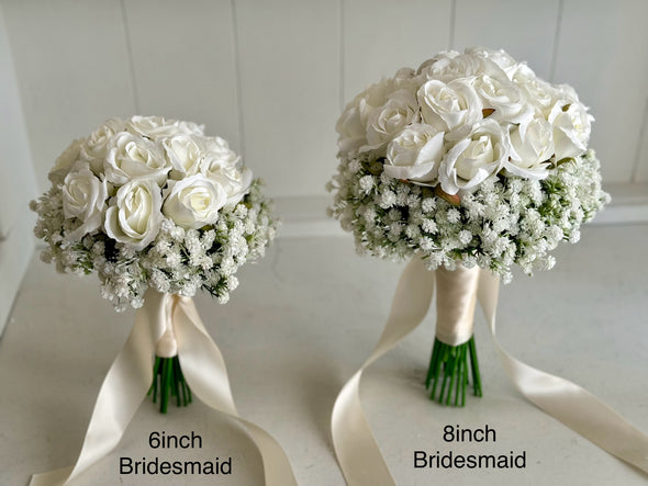 White roses and gyp bridesmaid bouquets. Artificial wedding bouquet.