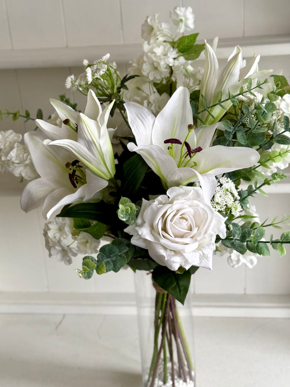 White lilies and blossom faux flower arrangement *Vase not included