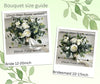 Rustic white and green silk wedding flowers  bouquet size guide. White roses, gypsophila and eucalyptus.