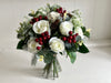 Christmas faux flower tied arrangement. Roses, berries and mixed foliage. *Vase not included