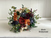 Rustic burnt orange, burgundy and navy blue wedding flowers.