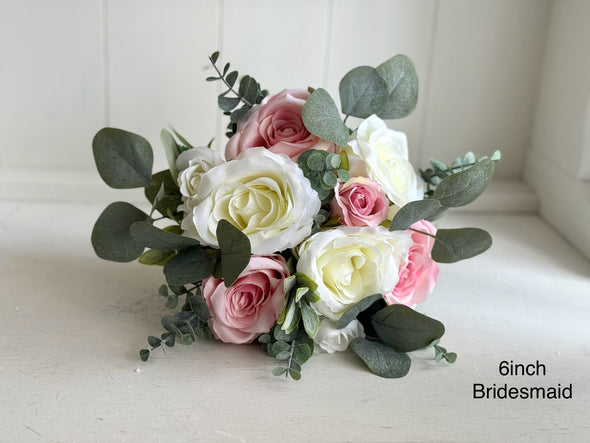 Romantic pink and ivory roses, eucalyptus and sage artificial wedding flowers.