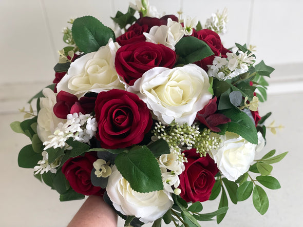 Dark red, burgundy and white wedding flowers