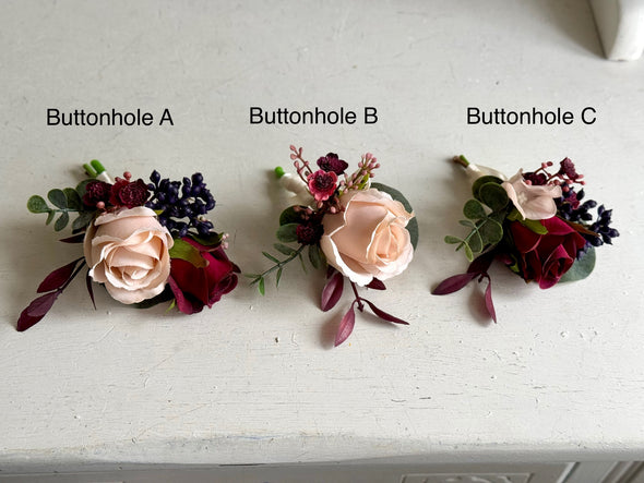 Champagne, nude blush, burgundy and navy blue wedding flowers