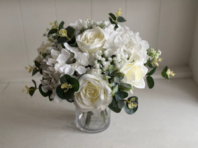 White and green hand tied silk flower arrangement. Table centrepiece. *Vase not included