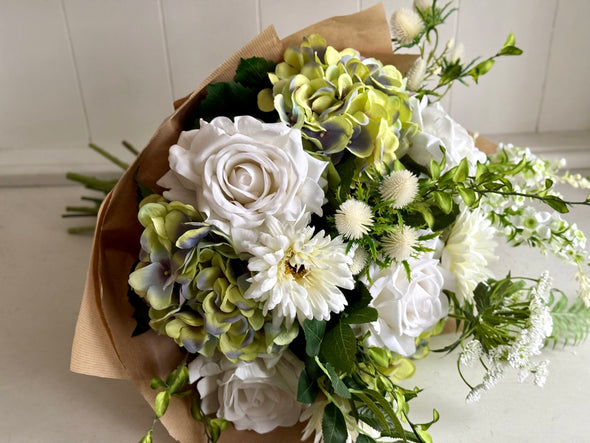 White and green faux flower arrangement *Vase not included