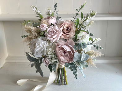 Luxury boho blush pink artificial wedding flowers. Roses, peonies and pampas.