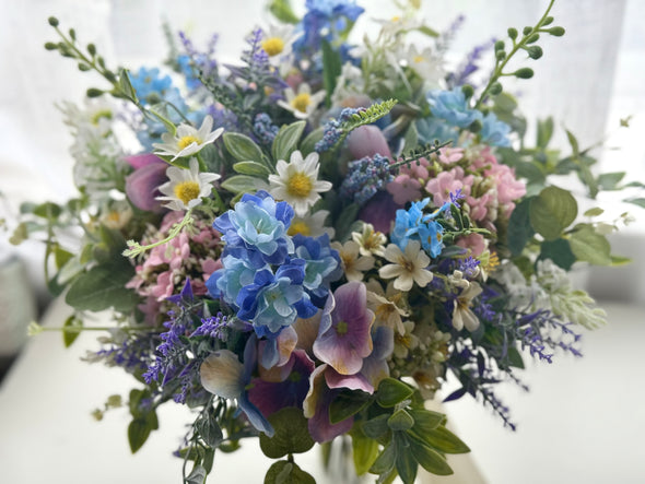 Country garden pastel artificial wedding flowers. Wild flower bouquet