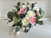 Pale pink and ivory roses silk wedding flowers with eucalyptus and sage greenery. Pink and ivory artificial wedding bouquet.