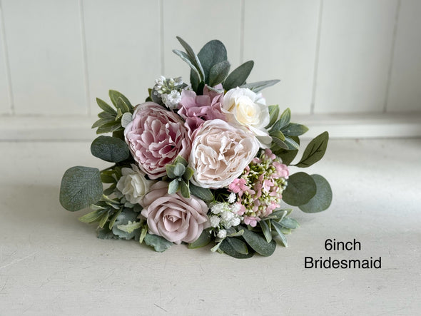 Romantic pink and sage green artificial wedding flowers.