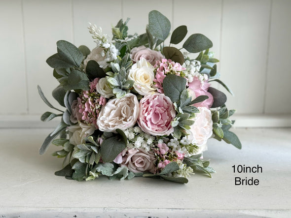 Romantic pink and sage green artificial wedding flowers.