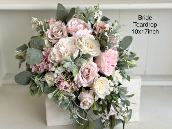 Romantic pink and sage green artificial wedding flowers.