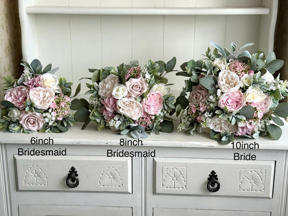 Romantic pink and sage green artificial wedding flowers.