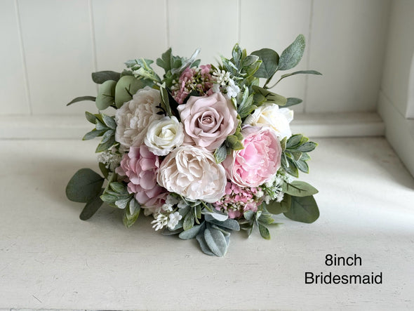 Romantic pink and sage green artificial wedding flowers.