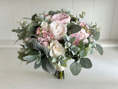 Romantic pink and sage green artificial wedding flowers.