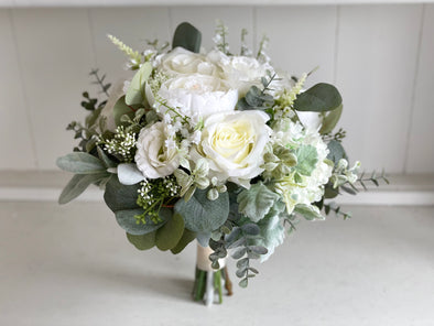 Elegant white and sage green silk wedding flowers